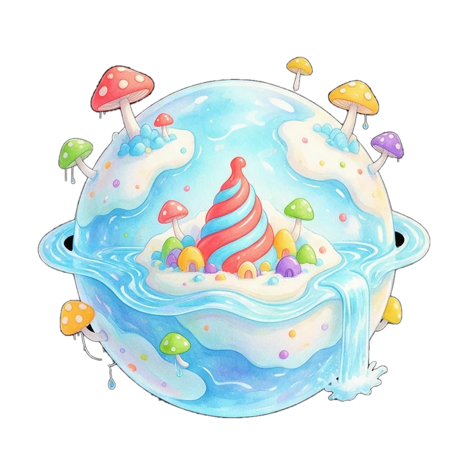 蓝色蘑菇星球,长着彩色蘑菇,围着水环