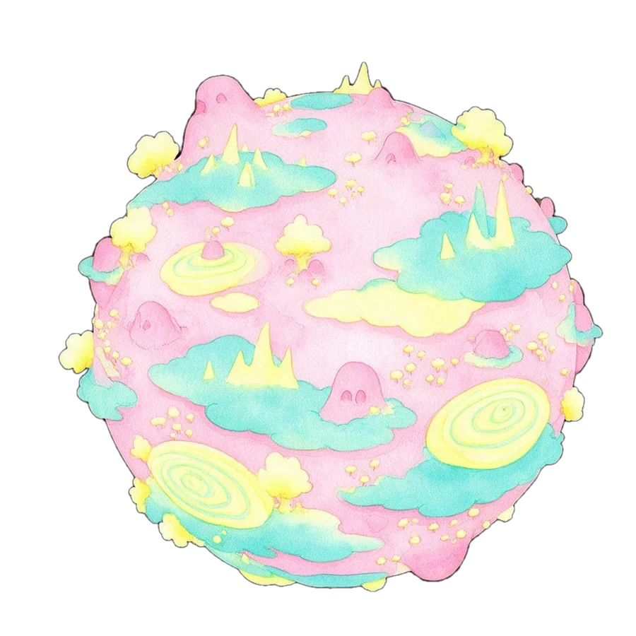 粉色彩虹星球,表面有薄荷色湖泊和糖霜